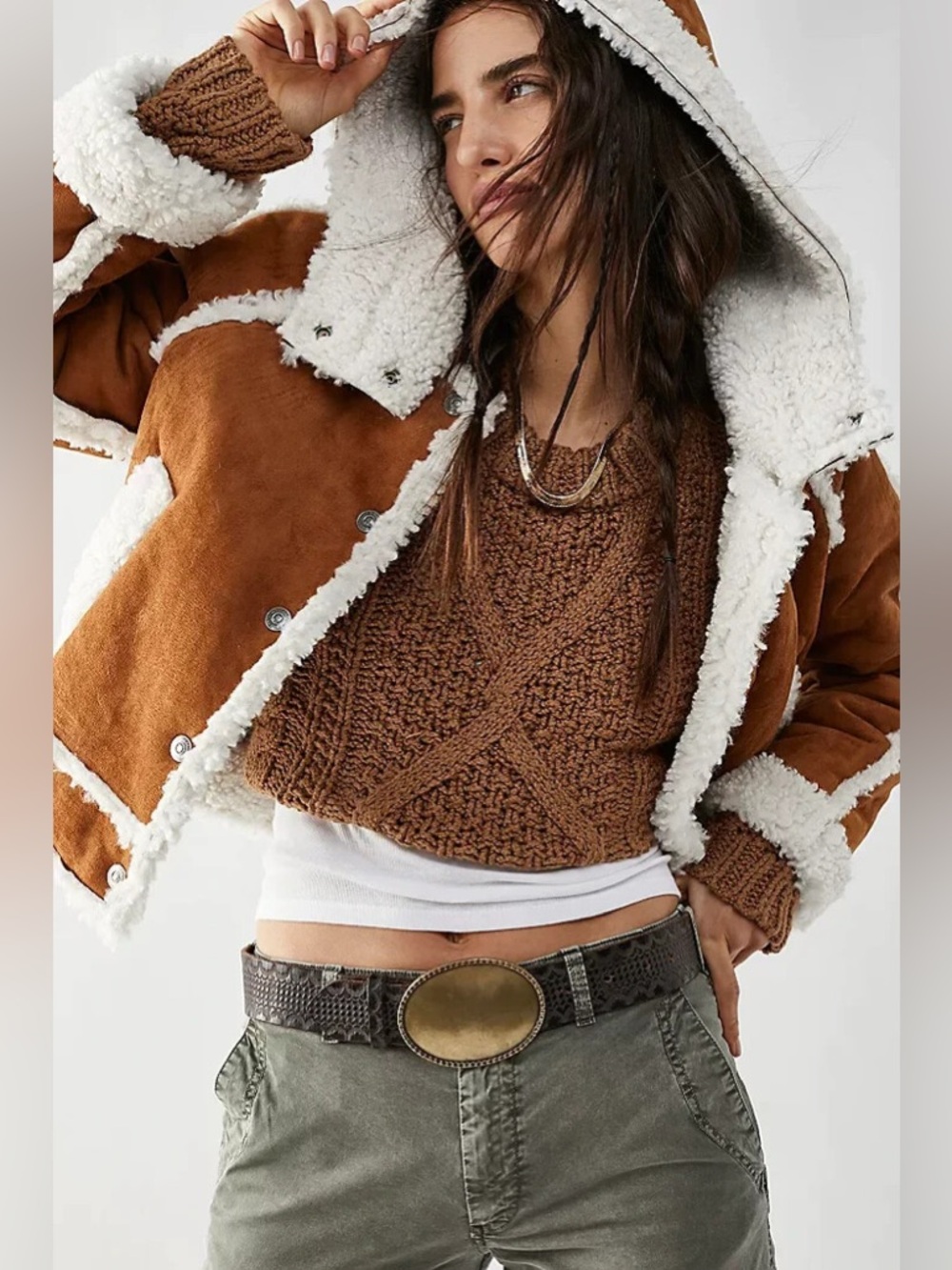 Free People Rust Brown Sherpa-Trim Hooded Jacket - Picture 2 of 12